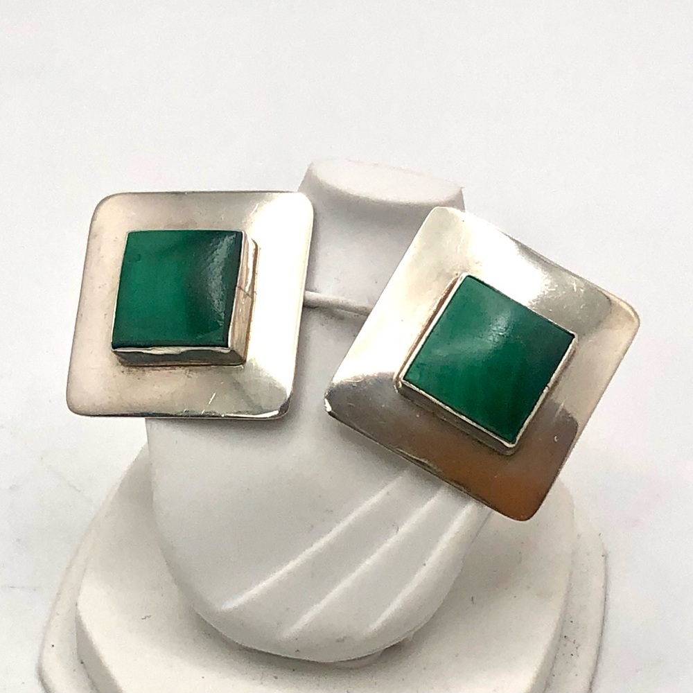 Vintage Malachite Cabochon Sterling Silver Pierced Modernist Earrings